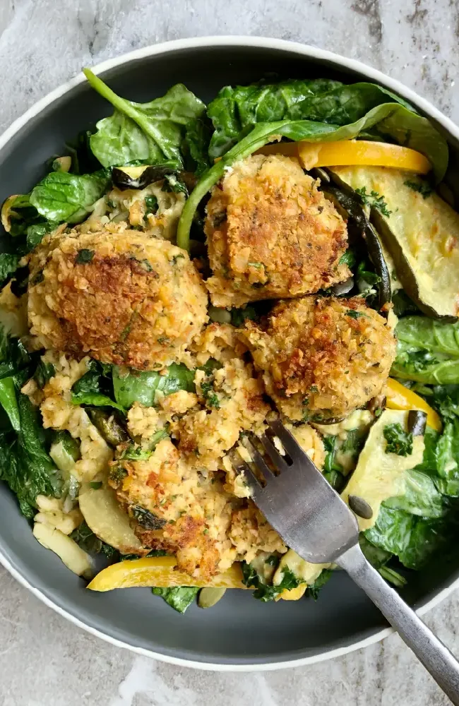 Recipe Panko-Coated Chickpea Falafels with Leafy Greens and Roasted Vegetables