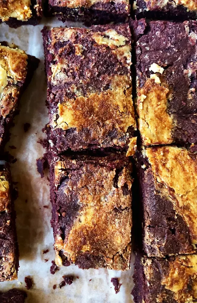 Recipe Marbled Purple Potato Tahini and Cashew Butter Brownies